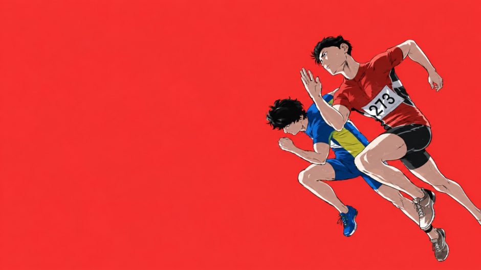 赤い背景を走る二人のランナーのイラスト